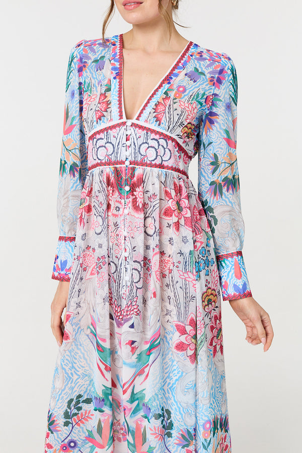 Blue | Floral Empire Waist Long Sleeve Maxi Dress
