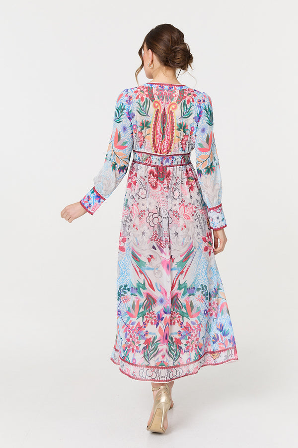 Blue | Floral Empire Waist Long Sleeve Maxi Dress
