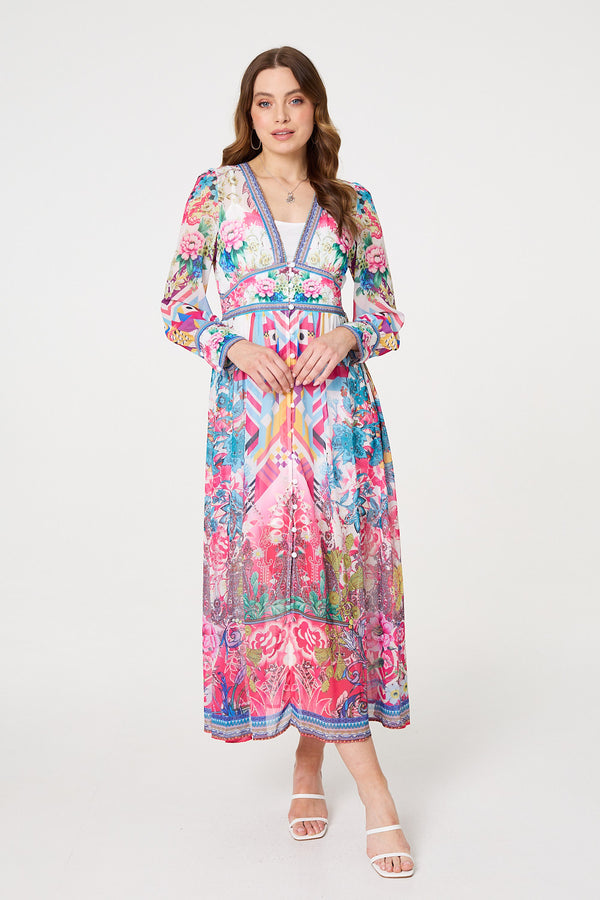 Pink | Floral Long Sleeve Empire Maxi Dress
