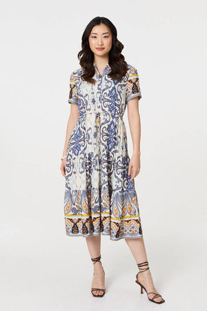 Grey | Patchwork Print Short Sleeve Midi Dress
