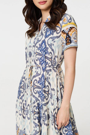 Grey | Patchwork Print Short Sleeve Midi Dress
