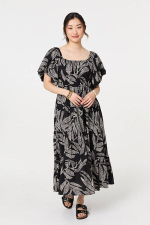 Black | Leaf Print Puff 1/2 Sleeve Midi Dress
