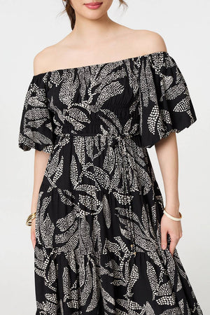 Black | Leaf Print Puff 1/2 Sleeve Midi Dress
