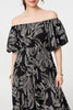 Black | Leaf Print Puff 1/2 Sleeve Midi Dress
