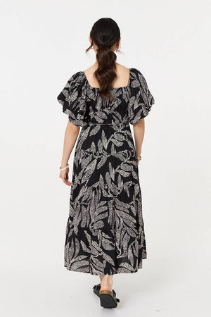 Black | Leaf Print Puff 1/2 Sleeve Midi Dress
