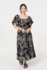 Black | Leaf Print Puff 1/2 Sleeve Midi Dress
