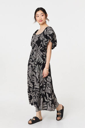 Black | Leaf Print Puff 1/2 Sleeve Midi Dress
