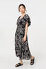 Black | Leaf Print Puff 1/2 Sleeve Midi Dress
