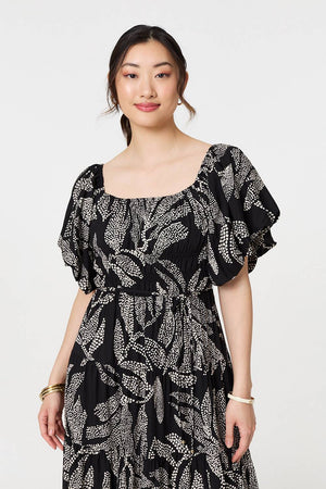 Black | Leaf Print Puff 1/2 Sleeve Midi Dress
