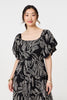 Black | Leaf Print Puff 1/2 Sleeve Midi Dress
