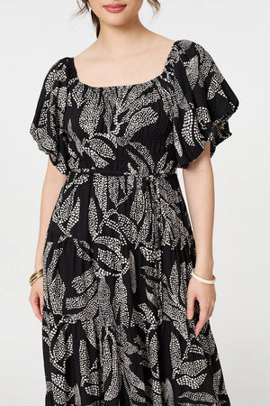 Black | Leaf Print Puff 1/2 Sleeve Midi Dress
