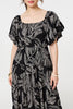 Black | Leaf Print Puff 1/2 Sleeve Midi Dress
