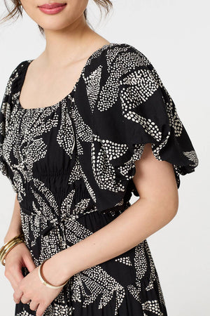 Black | Leaf Print Puff 1/2 Sleeve Midi Dress
