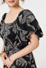Black | Leaf Print Puff 1/2 Sleeve Midi Dress

