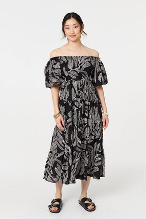 Black | Leaf Print Puff 1/2 Sleeve Midi Dress
