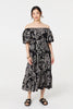 Black | Leaf Print Puff 1/2 Sleeve Midi Dress
