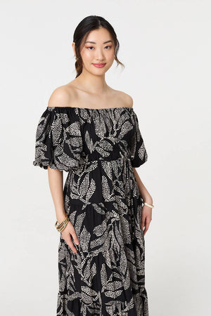 Black | Leaf Print Puff 1/2 Sleeve Midi Dress
