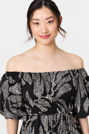 Black | Leaf Print Puff 1/2 Sleeve Midi Dress
