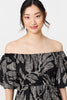 Black | Leaf Print Puff 1/2 Sleeve Midi Dress
