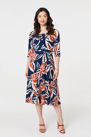 Navy | Floral Ruched 3/4 Sleeve Midi Dress
