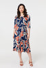 Navy | Floral Ruched 3/4 Sleeve Midi Dress

