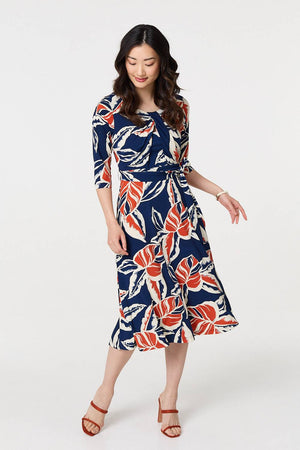 Navy | Floral Ruched 3/4 Sleeve Midi Dress
