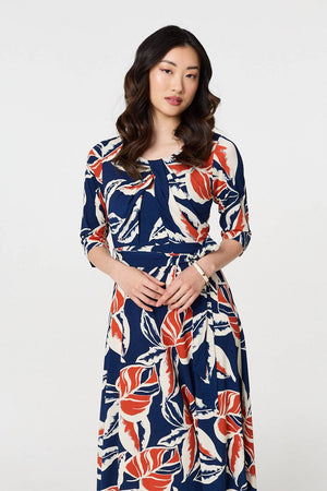 Navy | Floral Ruched 3/4 Sleeve Midi Dress
