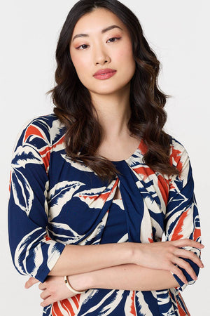 Navy | Floral Ruched 3/4 Sleeve Midi Dress
