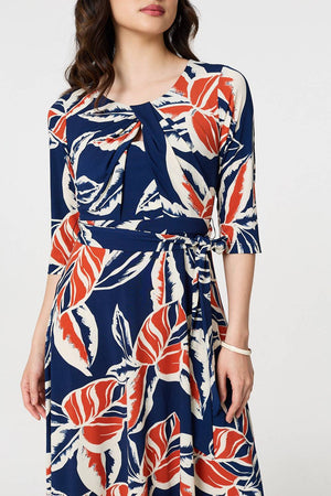 Navy | Floral Ruched 3/4 Sleeve Midi Dress
