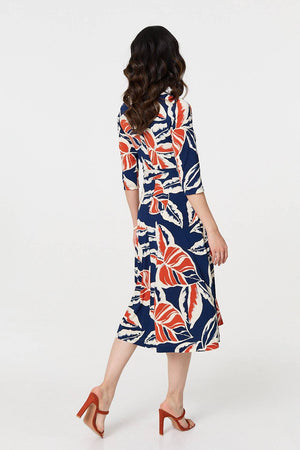Navy | Floral Ruched 3/4 Sleeve Midi Dress
