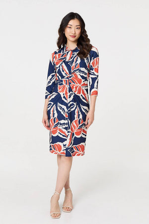 Navy | Floral Ruched 3/4 Sleeve Midi Dress
