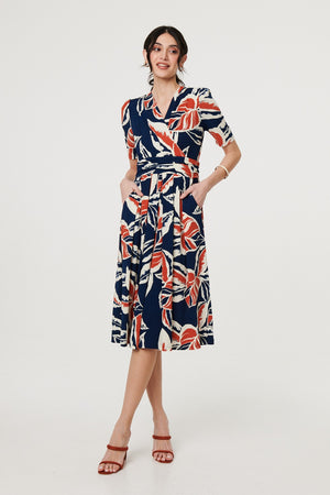 Navy | Floral V-Neck Pleated Midi Wrap Dress
