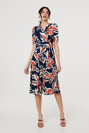 Navy | Floral V-Neck Pleated Midi Wrap Dress

