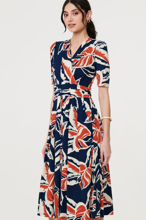 Navy | Floral V-Neck Pleated Midi Wrap Dress
