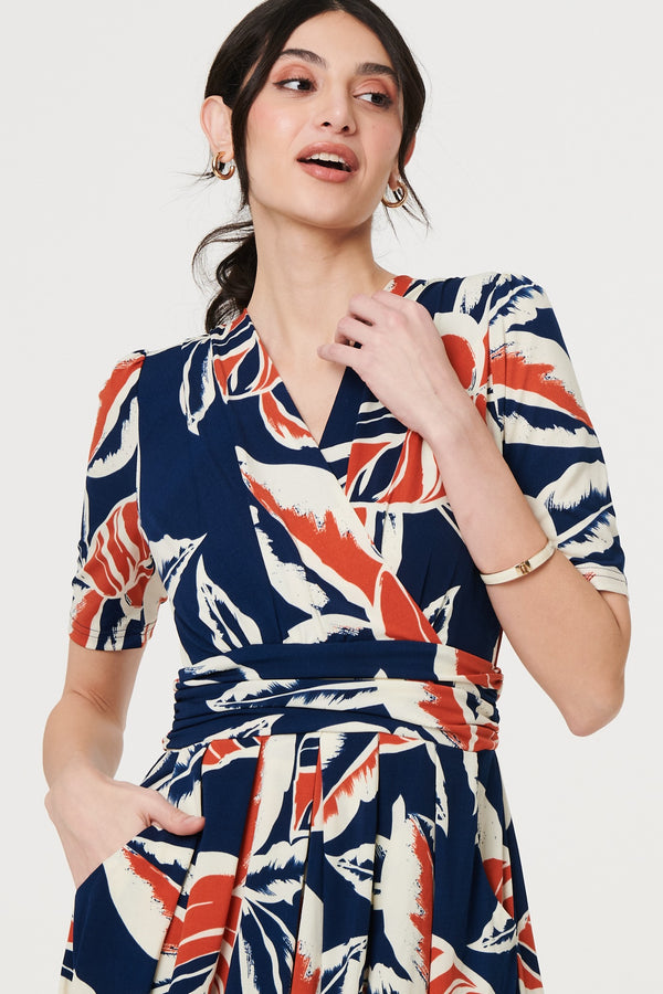 Navy | Floral V-Neck Pleated Midi Wrap Dress

