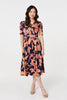 Navy | Printed Shirred Cap Sleeve Knee Length Dress
