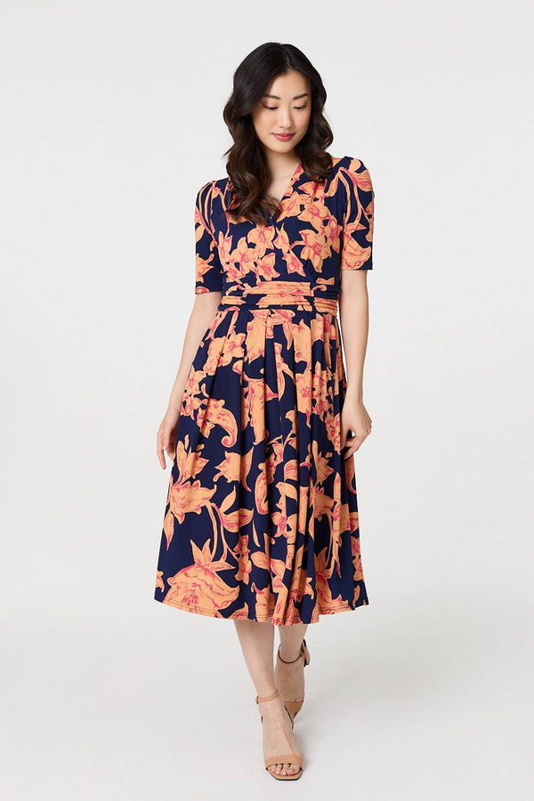 Navy | Printed Shirred Cap Sleeve Knee Length Dress

