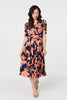 Navy | Printed Shirred Cap Sleeve Knee Length Dress
