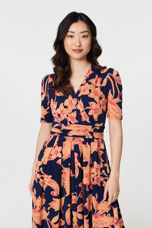 Navy | Printed Shirred Cap Sleeve Knee Length Dress
