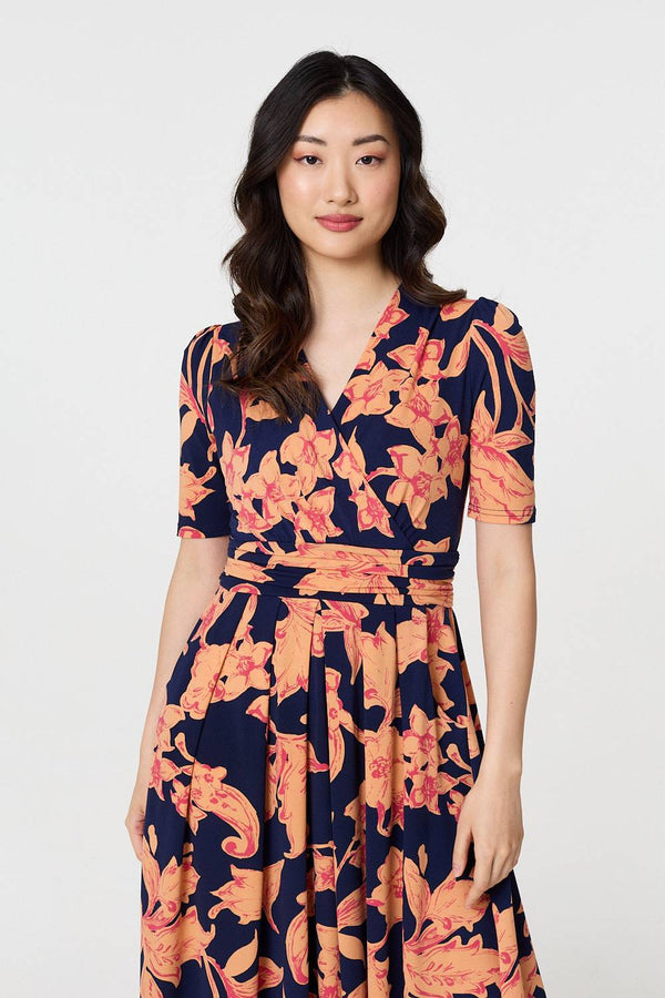 Navy | Printed Shirred Cap Sleeve Knee Length Dress
