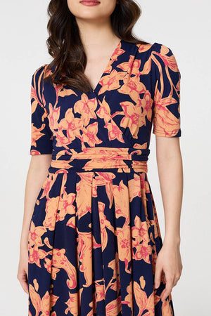 Navy | Printed Shirred Cap Sleeve Knee Length Dress
