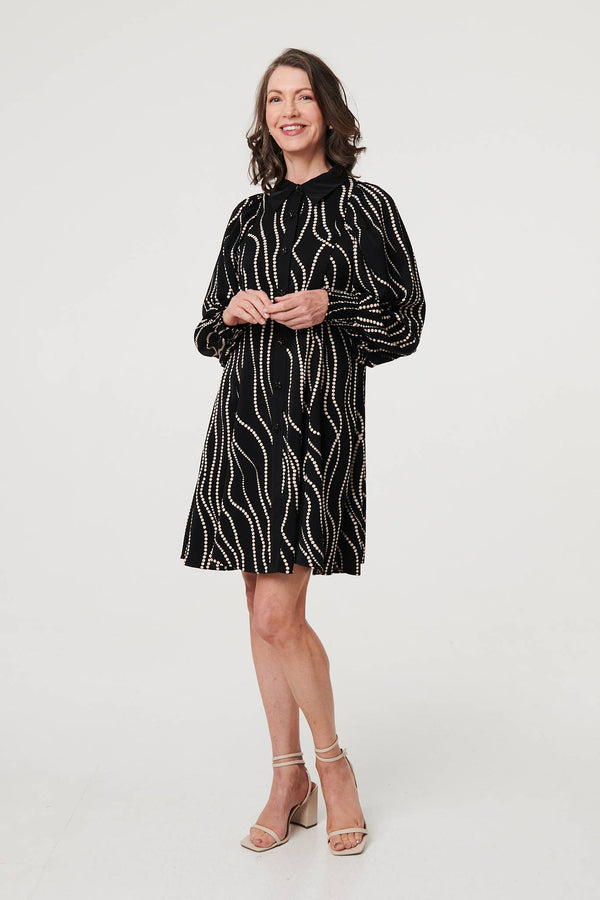 Black | Printed Long Sleeve Shirt Short Dress
