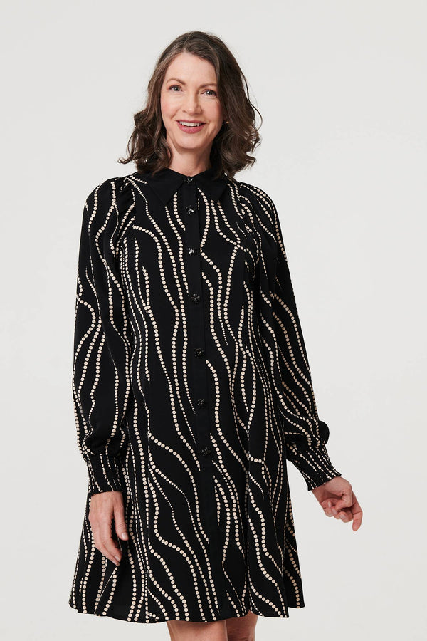 Black | Printed Long Sleeve Shirt Short Dress
