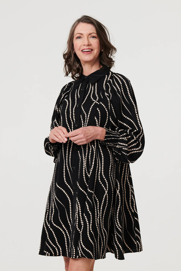 Black | Printed Long Sleeve Shirt Short Dress
