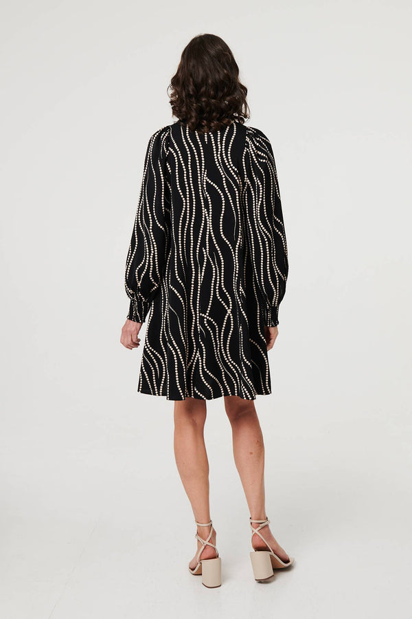Black | Printed Long Sleeve Shirt Short Dress
