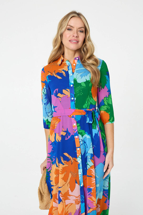 Blue | Abstract Floral 3/4 Sleeve Maxi Dress