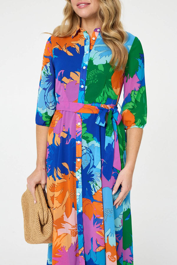Blue | Abstract Floral 3/4 Sleeve Maxi Dress