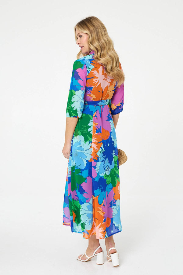 Blue | Abstract Floral 3/4 Sleeve Maxi Dress
