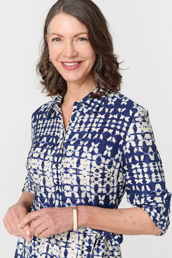 Navy | Printed Tie Front Midi Shirt Dress
