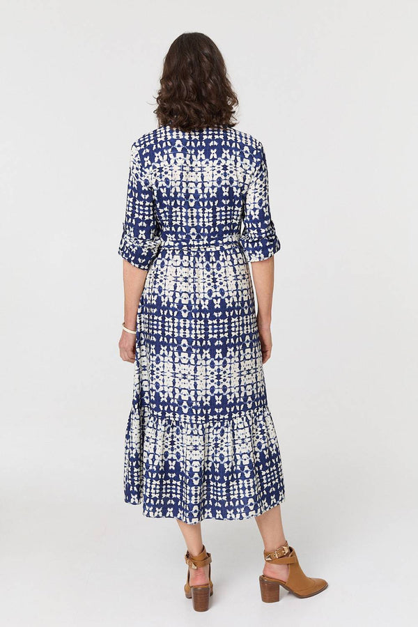 Navy | Printed Tie Front Midi Shirt Dress

